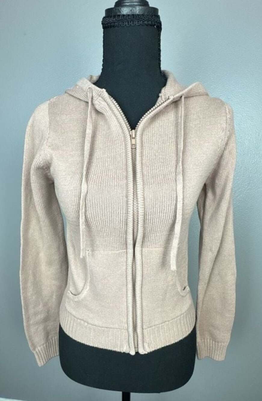 Pink Republic Ribbed Knit Full-Zip Hoodie Sweater in Tan